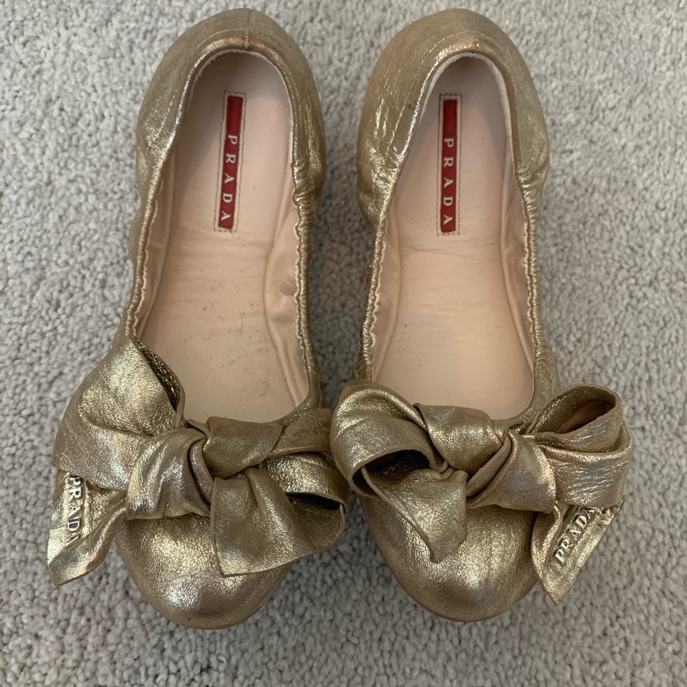 Prada Metallic Gold Ballet Flats with bow